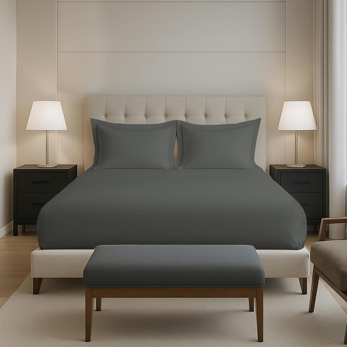 Cotton Elastic Fitted Bedsheets King Size Two Pillow Cover - 74 X 78 Inches, Dark Grey | Breathable & Smooth Bedding Wrinkles | Elegant Hotel Like Look