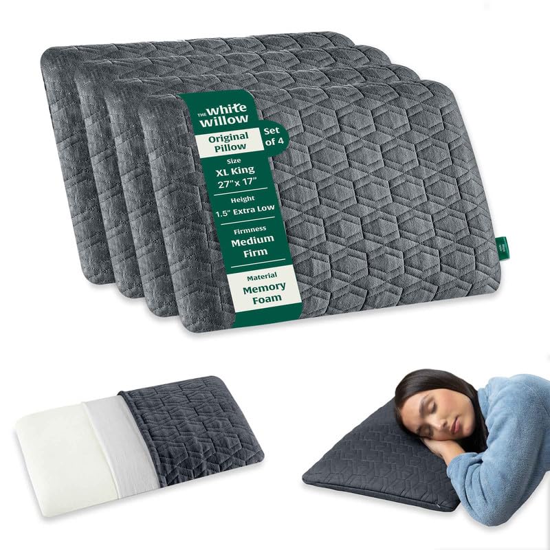 Ultra Thin Pillow For Sleeping, Orthopedic Cervical Pillow - King Size - 1.5 Inch | Ultra Slim Memory Foam Pillow | Slim Pillow For Neck & Shoulder Pain Relief - Flat Pillow - Set Of 4