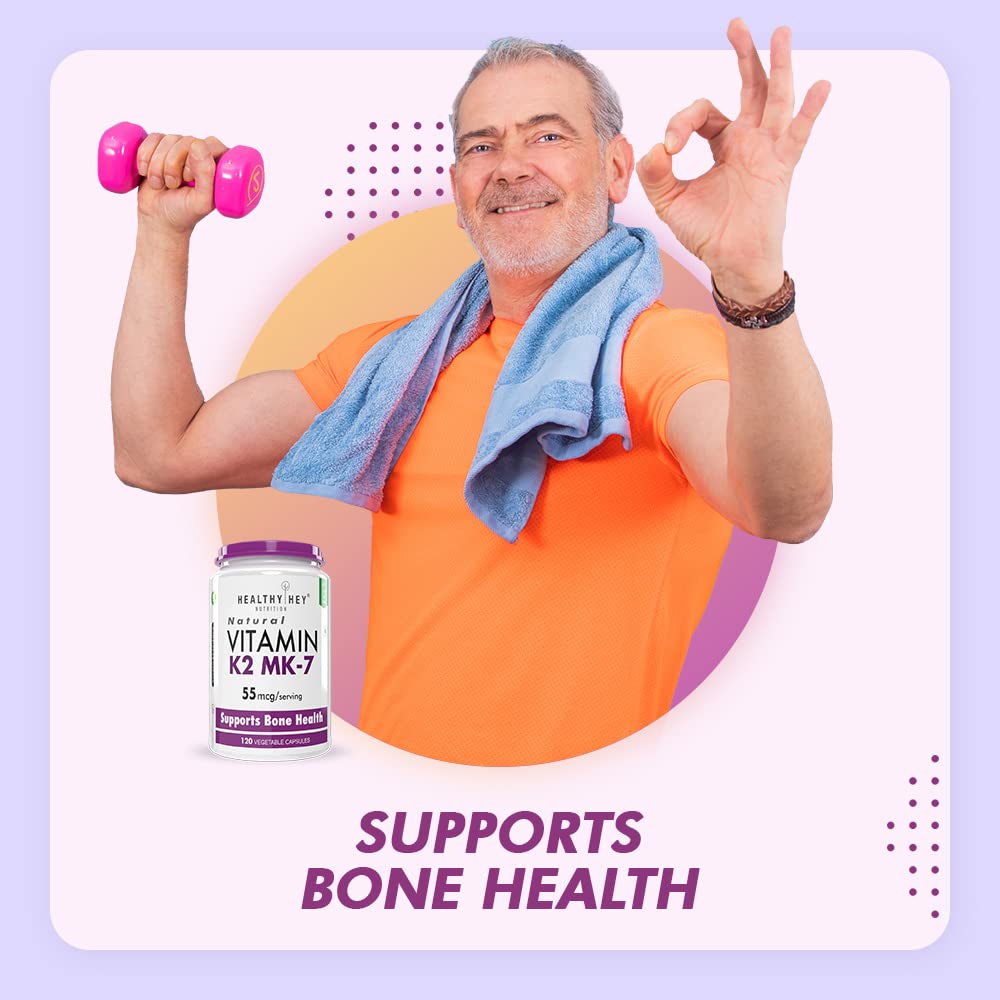 Healthy Hey Nutrition Vitamin K2 , 100% Vegetarian Vitamin K2 Benefits In Bone Health - 55mcg | 120 Veg Capsules , 200gm 0.4lbs