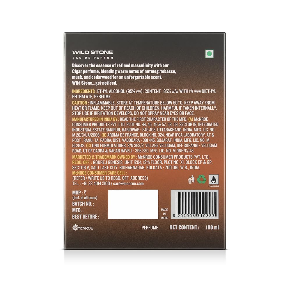 Wild Stone Cigar Eau De Perfume For Men 100ml 3.4 Fl.oz.| Long Lasting Fragrance