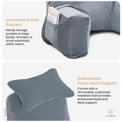 Backrest Pillow For Bed With Detachable Neck Rest & Support Arms - Grey | Soft Reading Pillow, Back Support Wedge Pillow For Working, Seating & Relaxing In Bed, Adjustable Pillow