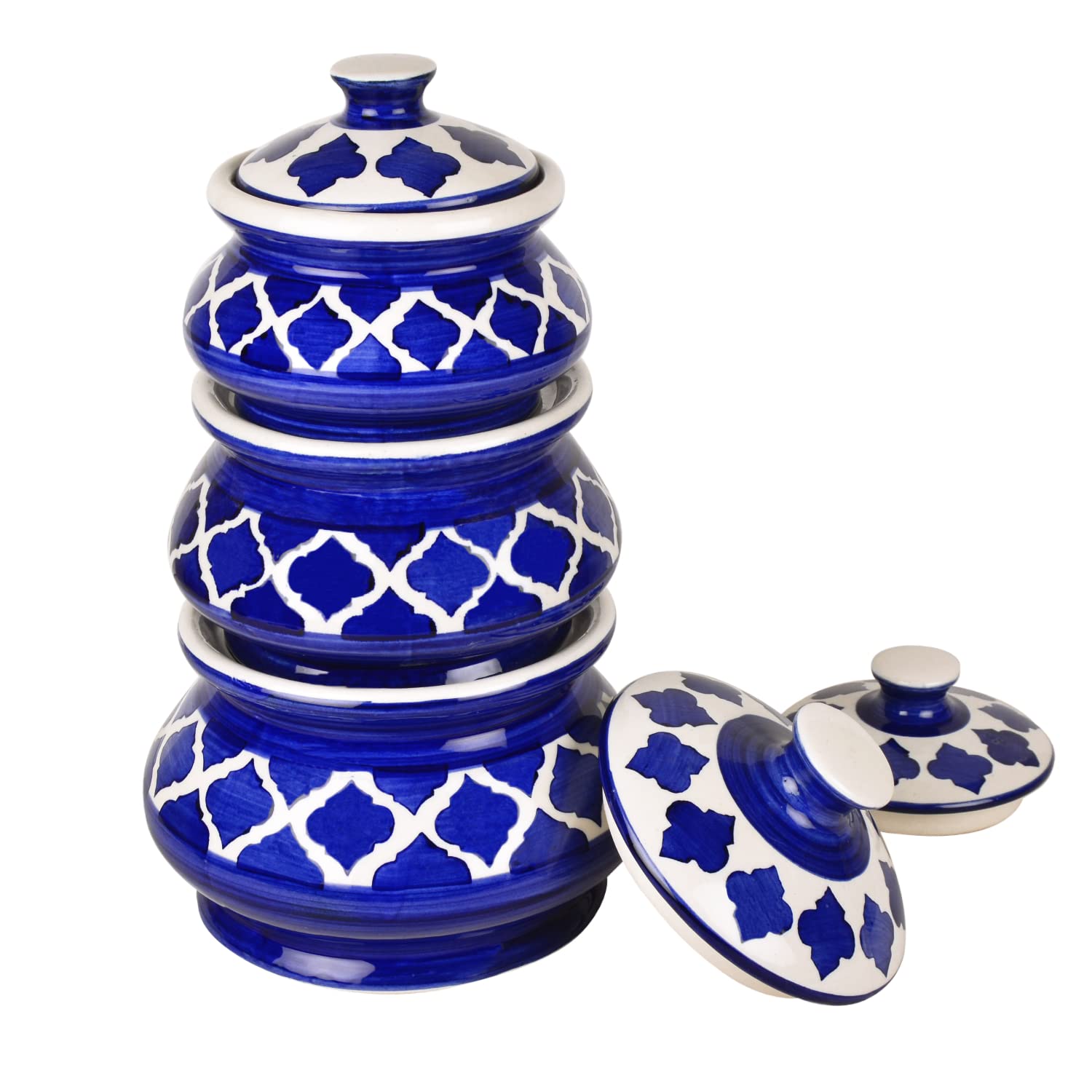 Hand Painted Ceramic Handi Set With Lid Set Of 3 - 1900ml, 1200ml & 650ml, Blue | Dinner Serving Bowls - Biryani Handis, Serving Pots