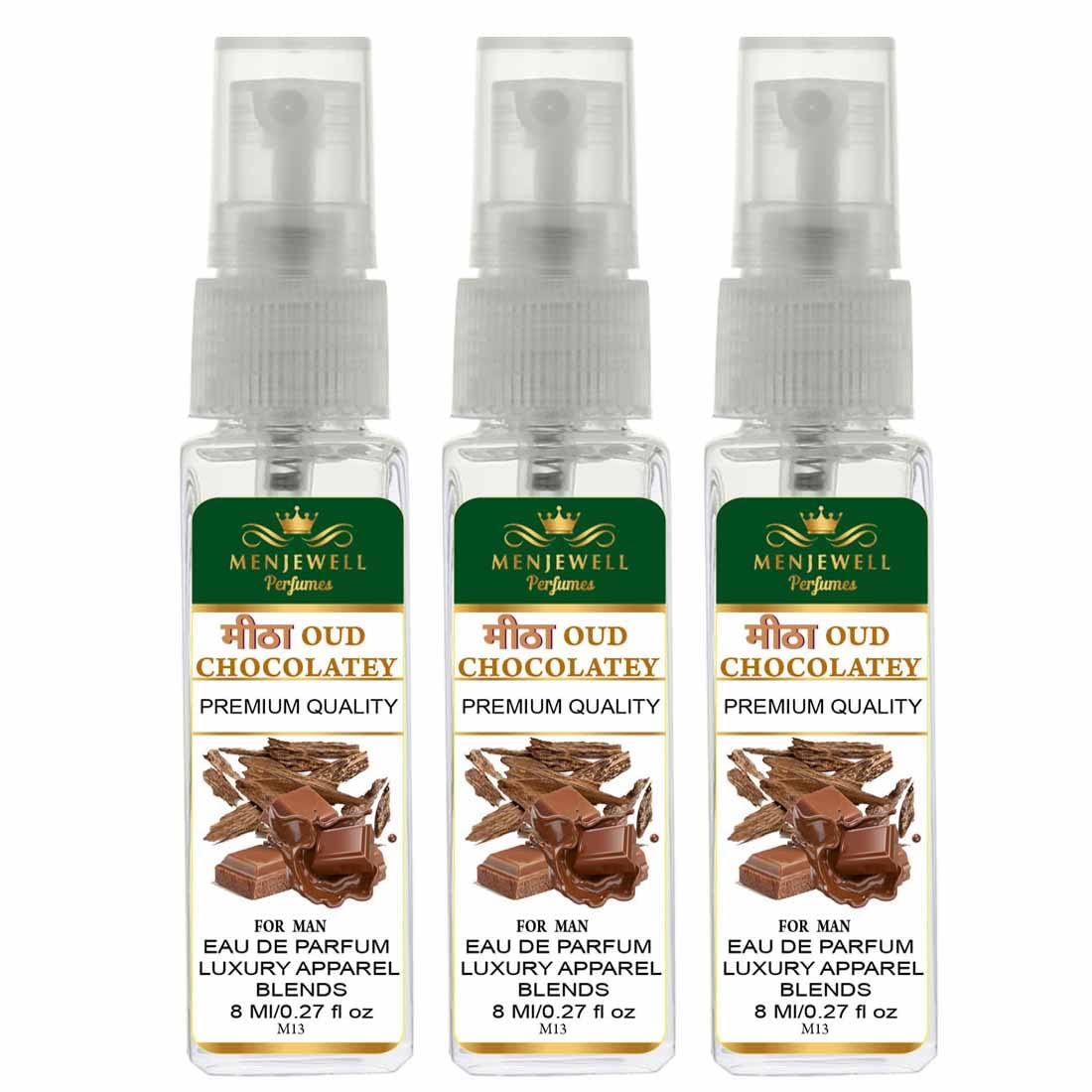 Menjewell Mitha Oud Chocolatey Eau De Parfum For Man 8ml 0.27 Fl.oz. Each Pack Of 3 | Luxury Apparel Parfum | Long Lasting