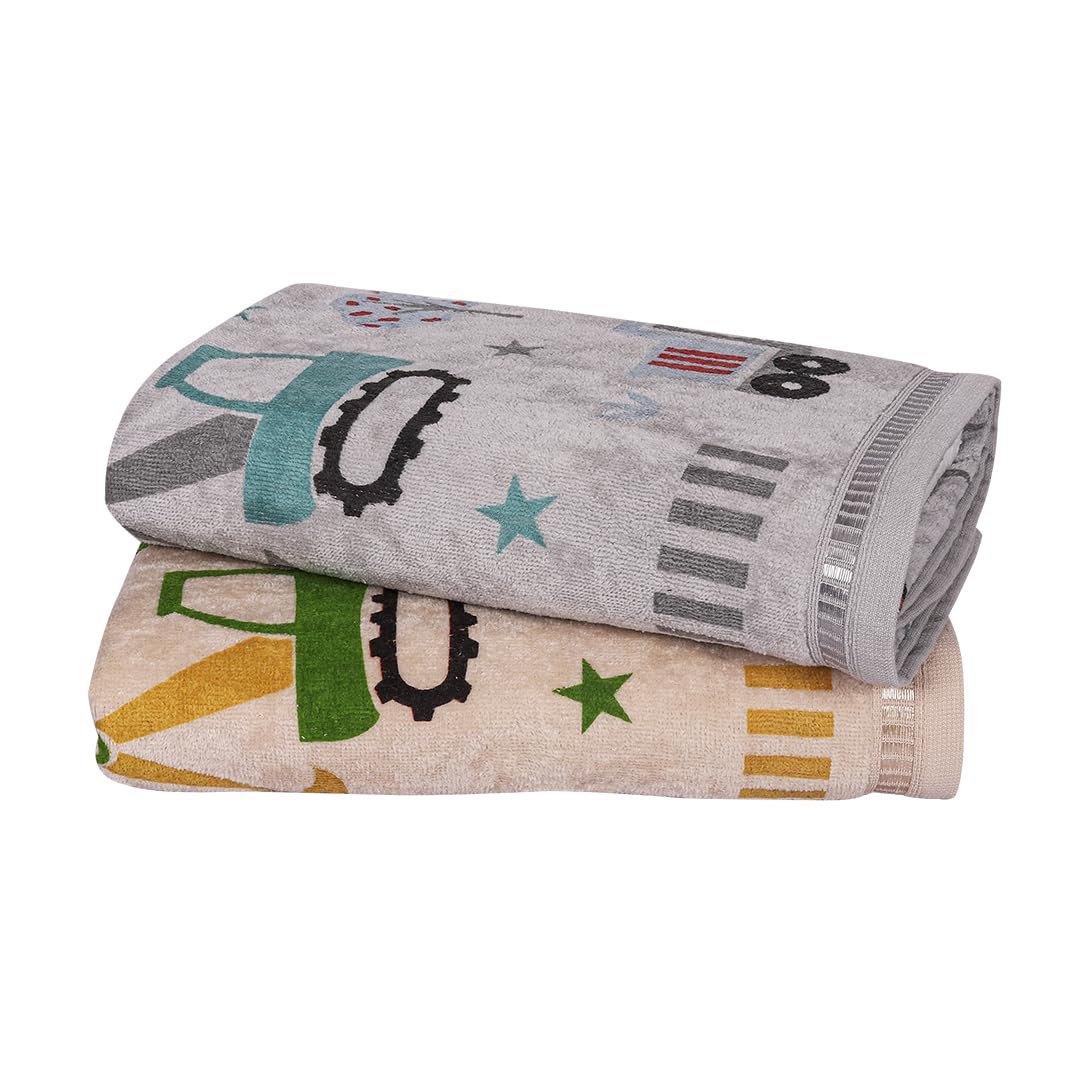 Rangoli 100% Cotton Kids Bath Towel 800 Gsm | Super Soft & Highly Absorbent, Anti-Bacterial & Anti-Odour, Multipurpose Towels (Light Grey & Light Beige) - Pack Of 2
