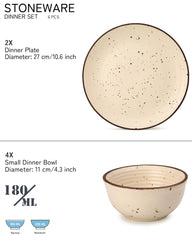 Handcrafted Ceramic Stoneware Dinner Set - Pack Of 6 Pcs, Beige | 2 Dinner Plates, 10.6 Inch Each + 4 Small Dinner Bowl, 180ml Each - Microwave & Dishwasher Safe | Crockery Set For Dining & Gifting