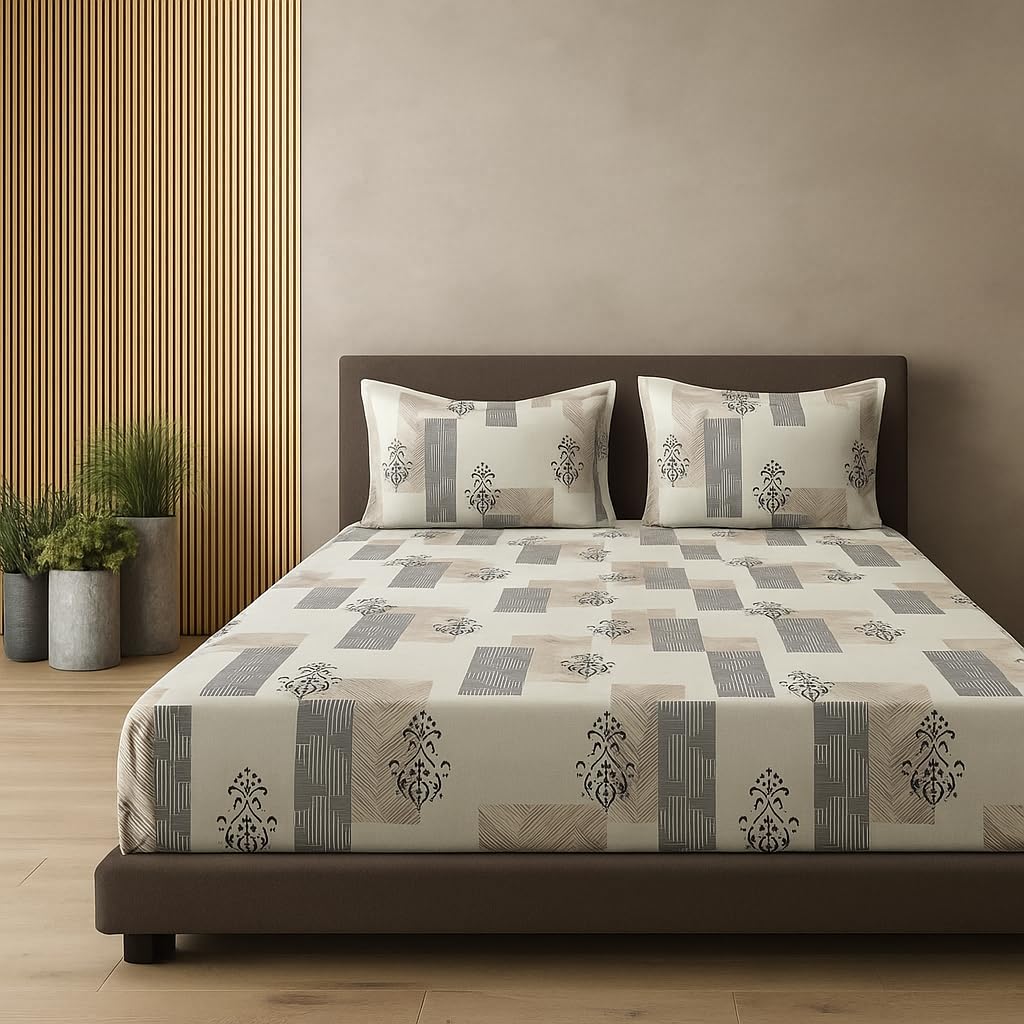 1 Bedsheet For Double Bed With 2 Pillow Covers - 90 X 100 Inches, Beige | Premium Cotton Material Double Bedsheet Queen Size | Skin Friendly & Long Lasting