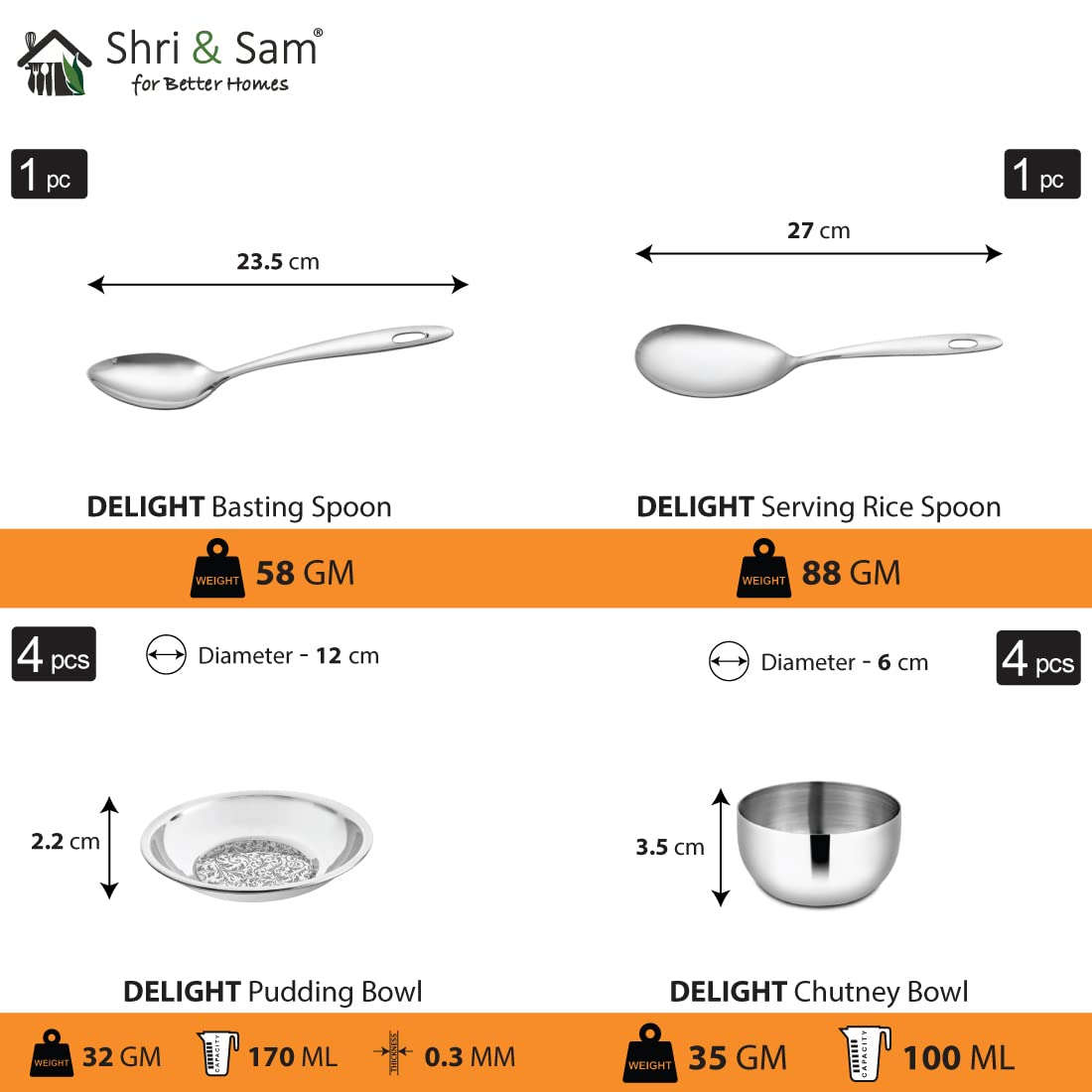 Stainless Steel Delight Dinner Set Of 42 Pieces, Silver | 4 Dinner Plates+ 4 Side Plates+ 4 Glasses+ 12 Bowls+ 1 Basting Spoon+ 1 Rice Spoon+ 4 Dessert Spoons+ 8 Fork+ 4 Tea Spoons