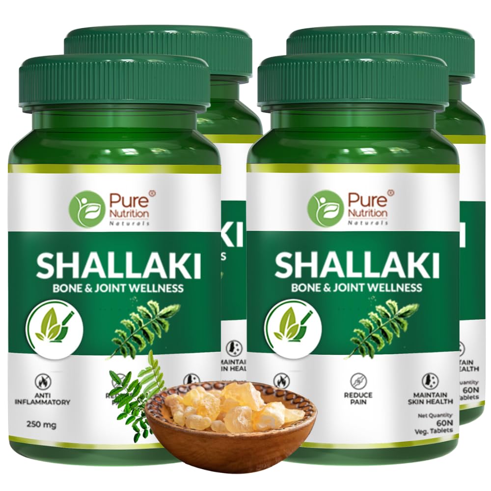 Pure Nutrition Shallaki Boswellia Serrata 250mg, Bone & Joint Health, Stiffness, Arthritis, Reduces Pain & Inflammation, Helps Improve Mobility | 60 Tablets 100gm 0.2lbs Each Pack Of 4