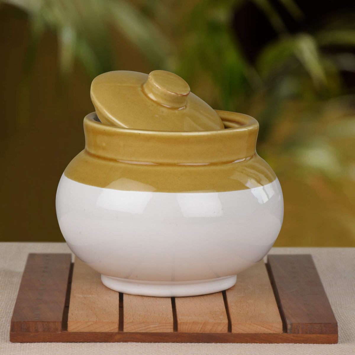 Hand Glazed Dual Tone Ceramic Round Jar (Burni) With Lid 1000ml - Sand Yellow & Off White | Ceramic Multi-Utility Storage Jar - Pickle Storage Jar