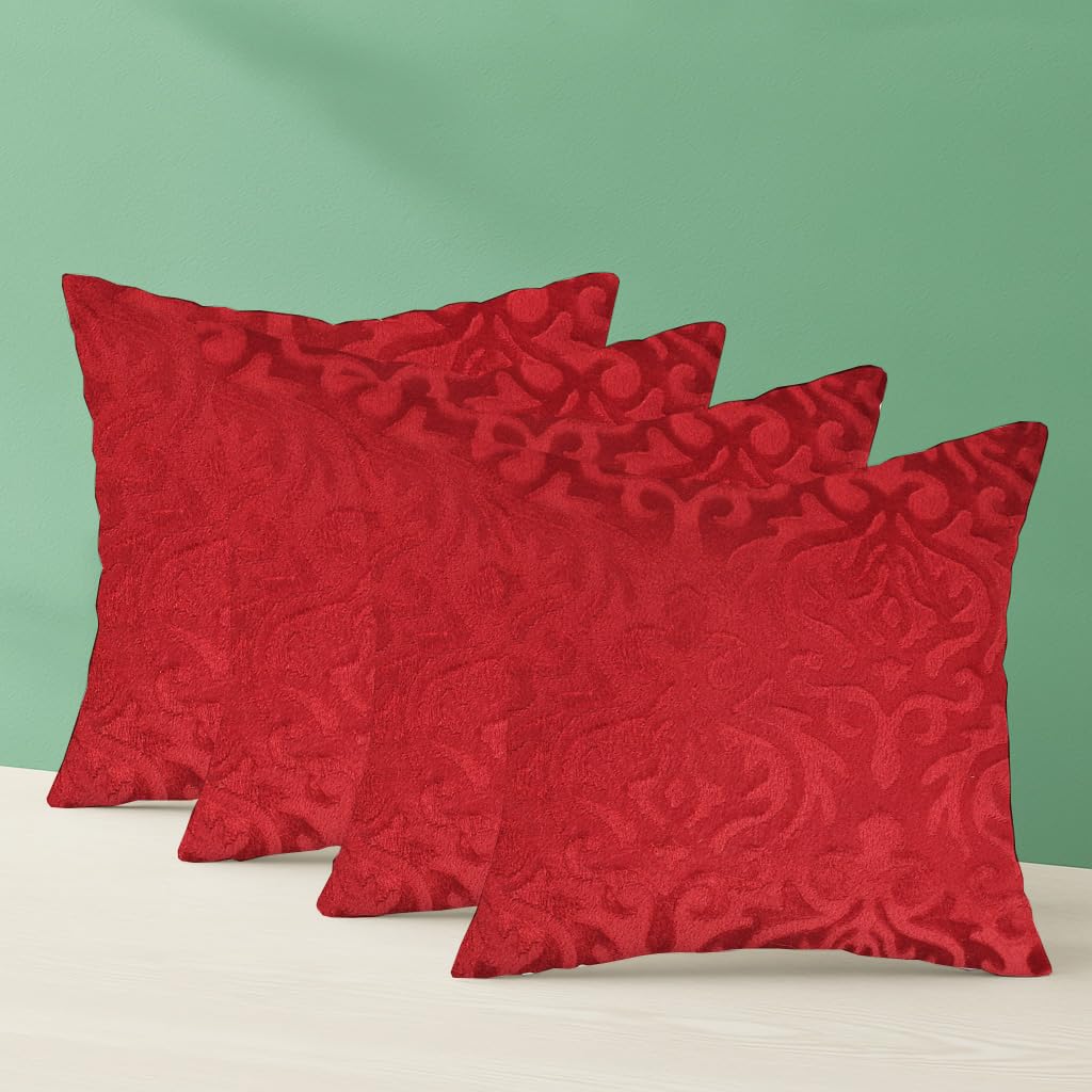 Microfiber Square Pillow Cushion For Sofa & Bed, Maroon - 24 X 24 Inch | Soft, Fluffy For Comfort & Back Support | Breathable, Washable | Premium Velvet Outer Cover With Zip - Set Of 4