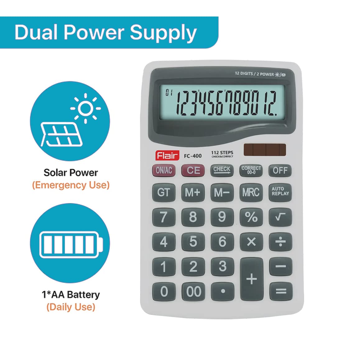 Flair FC-400 Desktop Series Electronic Calculator | GT Keys & Memory Function Calculator | 12 Digits Calculations | Auto Replay | Dual Power With Solar | 112 Steps Check & Correct | White
