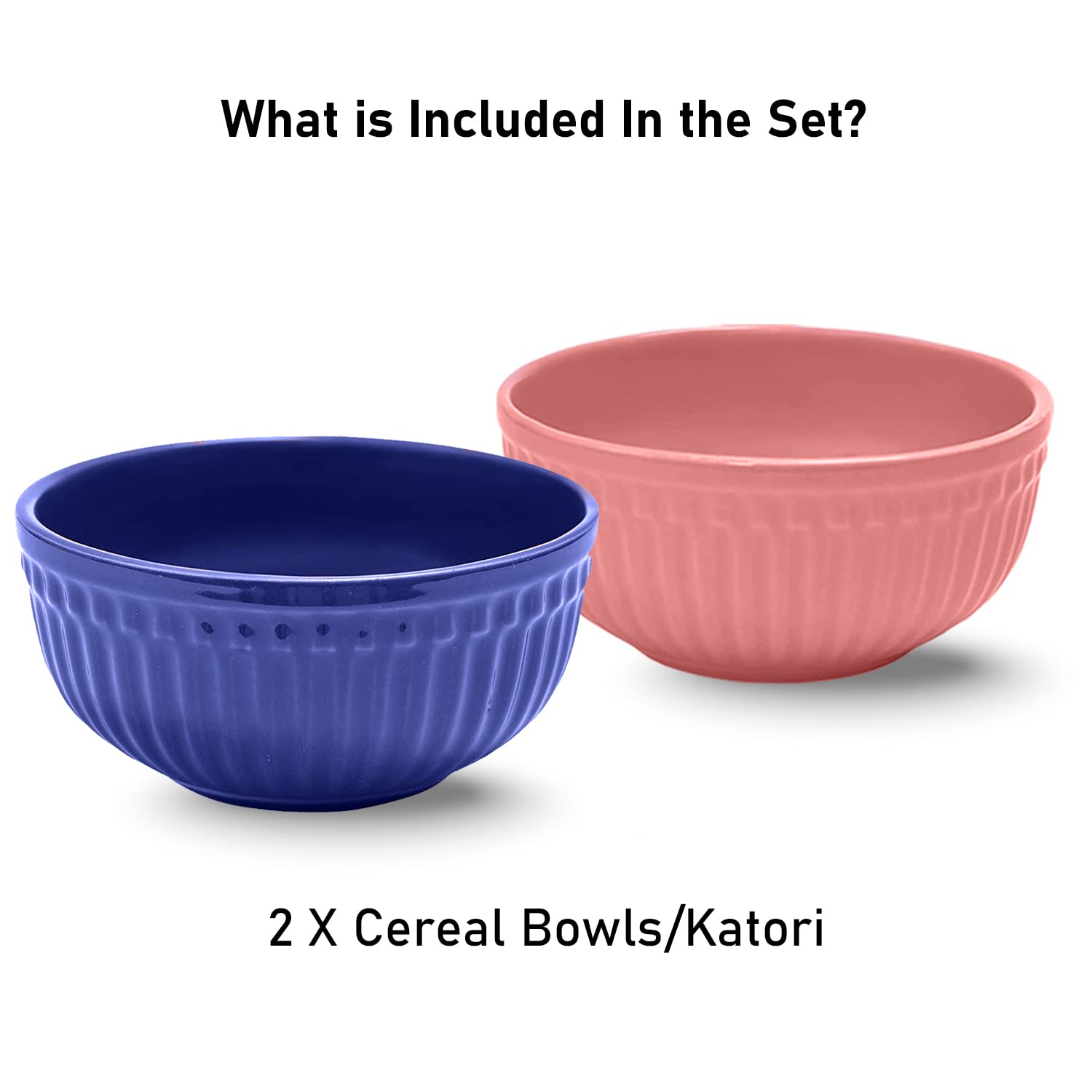 Ceramic “Strip” Handcrafted Multipurpose Serving Bowl Katoris Set Of 2 - 450ml Each, Blue & Pink | Cereal Bowl, Soup Bowl, Salad Bowl - Dishwasher & Microwave Safe