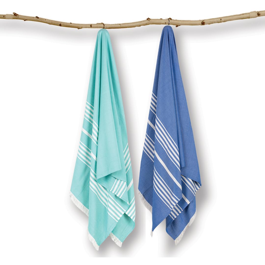 Mush 100% Bamboo Light Weight & Ultra-Compact Turkish Towel | Super Soft, Absorbent, Quick Dry, Anti-Odor Bamboo Towel (2, Aqua Blue & Navy Blue)