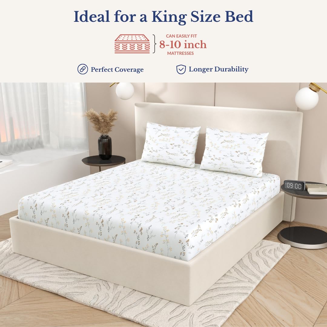 Super King Pure Cotton Bedsheet With 2 Pillow Covers | 108 × 108 Inches, White & Yellow | Soft Breathable Floral Design Bedding | Comfortable Sleep All Year
