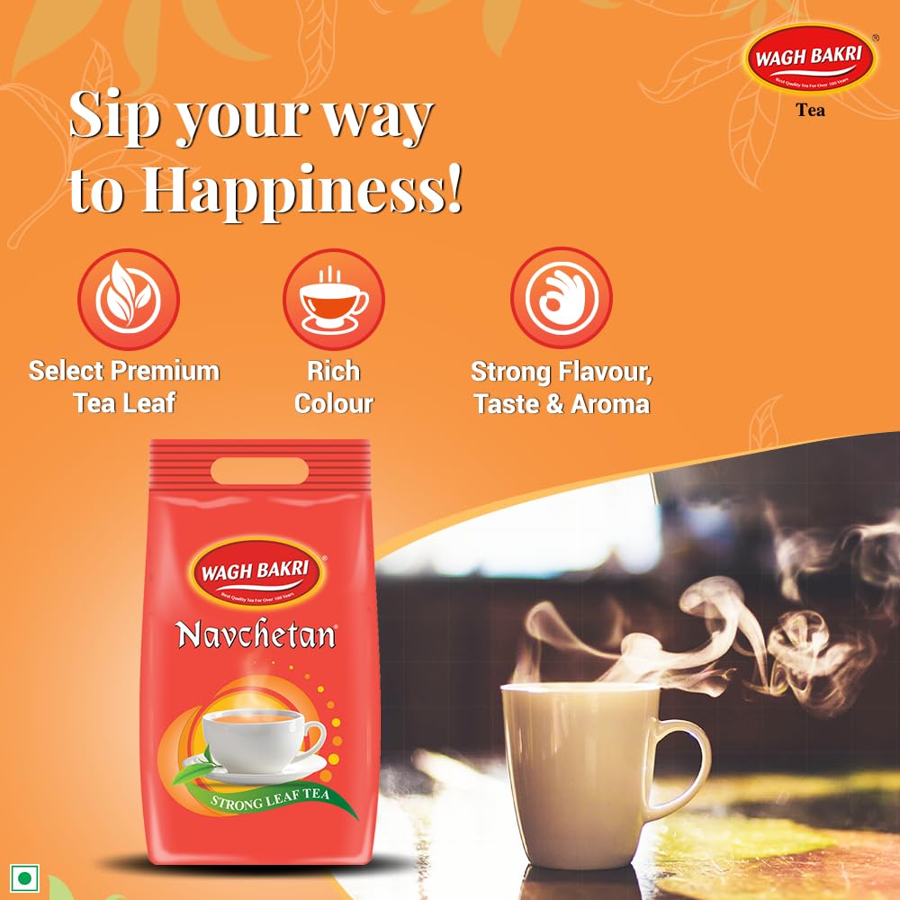 Wagh Bakri Navchetan Danedar Tea - 1 Kg, 35.2 Ounce | Rich Color, Strong & Refreshing Taste, Awesome Aroma Chai Patti - Preservatives Free, Artificial Flavor Free | Strong Leaf Tea, Caffeine Free