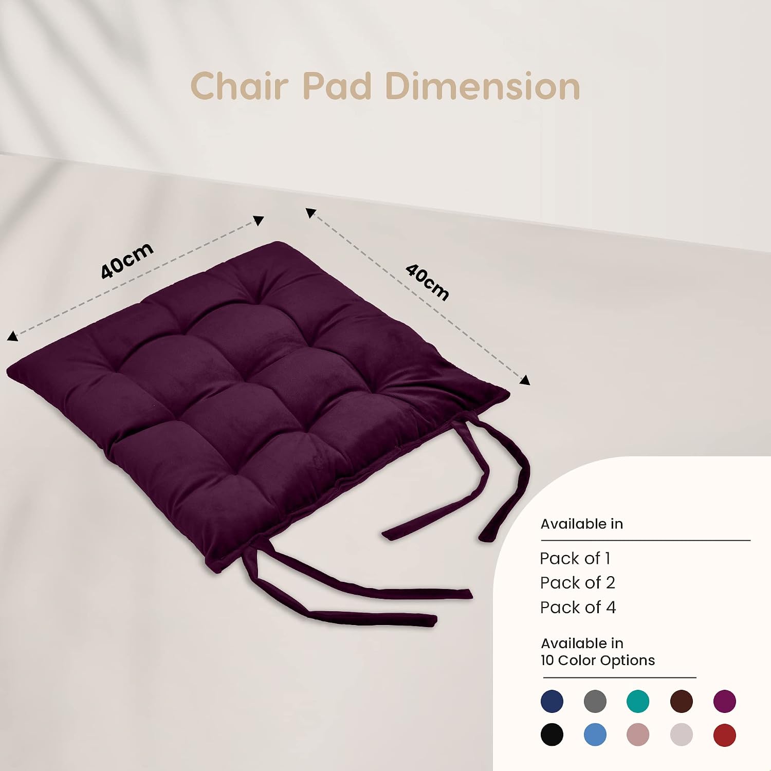 Square Chair Pads Cushion, For Comfortable Sitting, Purple Color - 40 X 40 Cm | Seat Cushions With Ties For Sitting, Pooja, Dining & Office Table | Furniture Cushion, Washable - Pack Of 1