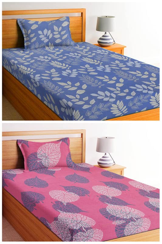 Cotton Printed 2 Single Bedsheets With With 2 Pillow Cover | 58 X 88 Inches, Pink & Grey - Super Soft Premium Brushed Glace Cotton Bedsheet, Breathable & Wrinkle Free