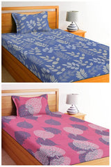 Cotton Printed 2 Single Bedsheets With With 2 Pillow Cover | 58 X 88 Inches, Pink & Grey - Super Soft Premium Brushed Glace Cotton Bedsheet, Breathable & Wrinkle Free