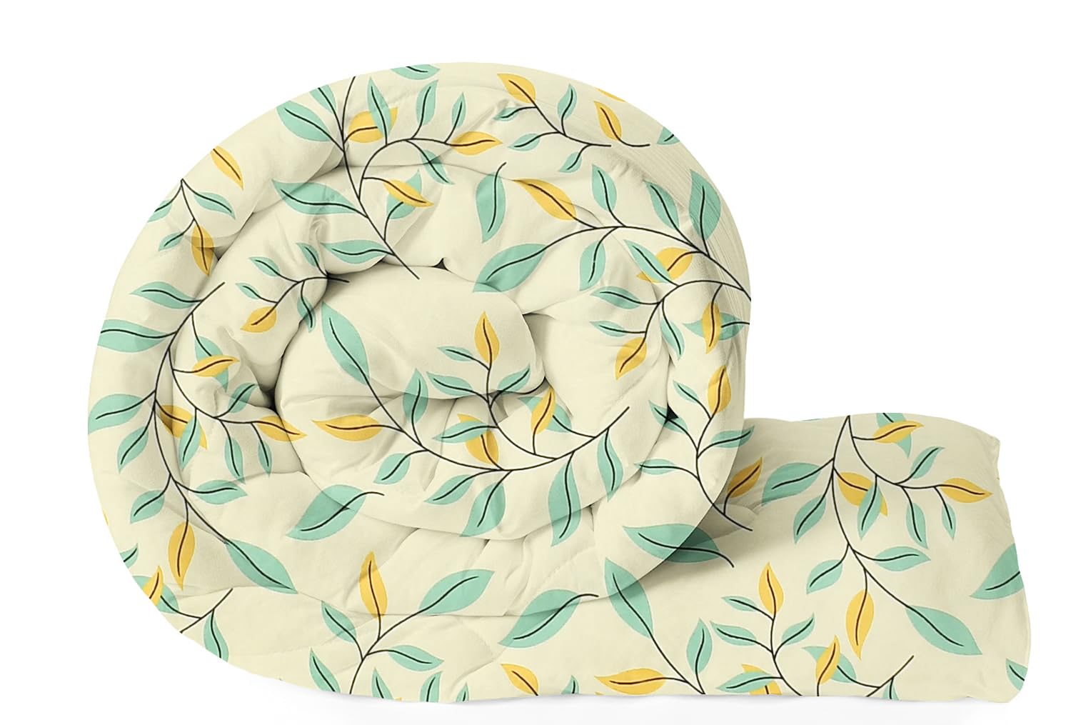 Cotton 1 AC Comforter Set King Size 1 Double Bedsheet With & 2 King Pillow Covers - 90 X 100 Inches, Beige & Light Green | Suitable For All Weather Season - 4 Pcs Bedding Set