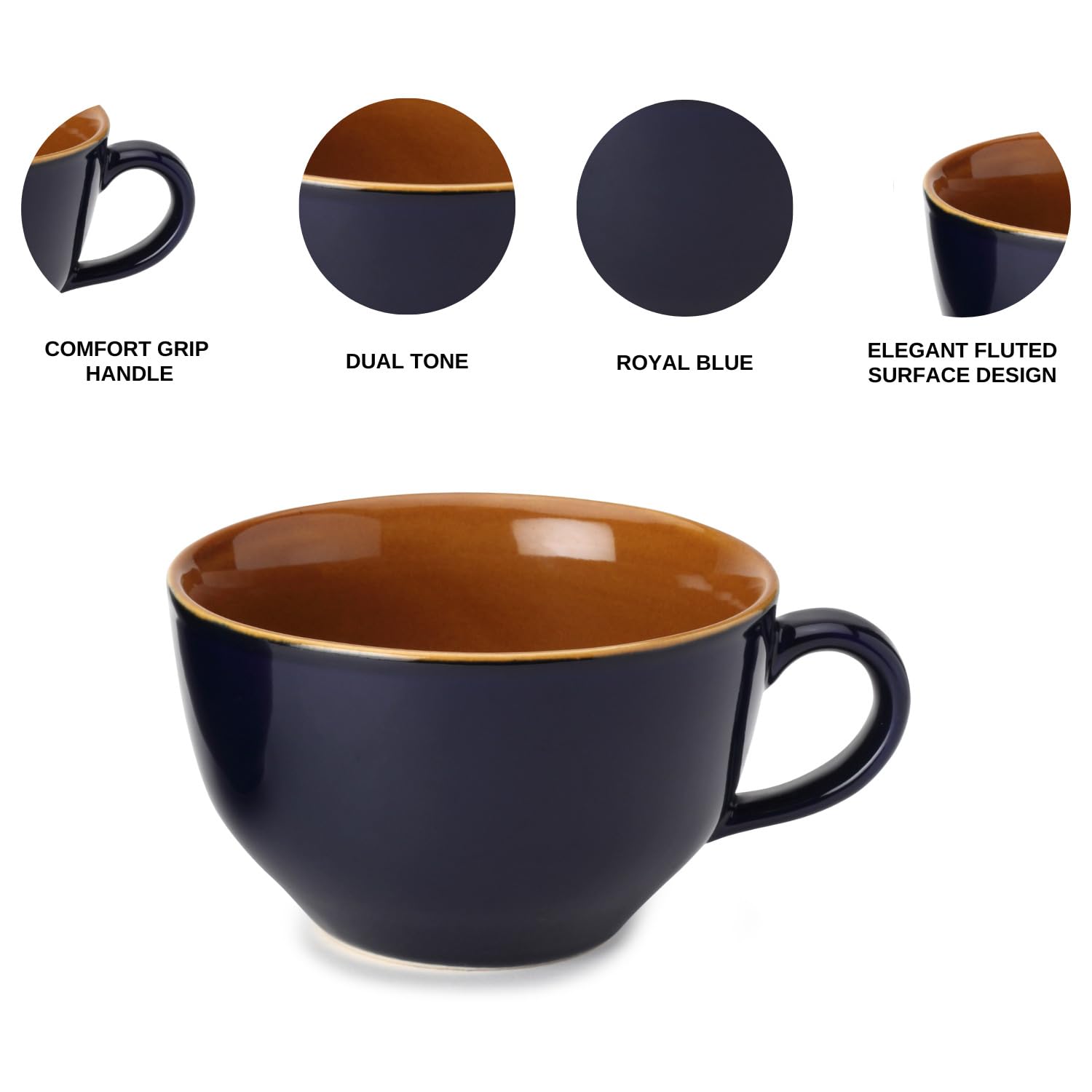 Ceramic Soup & Coffee Wide Large Mug With Handle - Set Of 2, 350ml Each, Royal Blue | Bone Ash Free & Microwave Safe - Cup For Maggi, Cappuccino, Latte, Green Tea - Glossy Finish