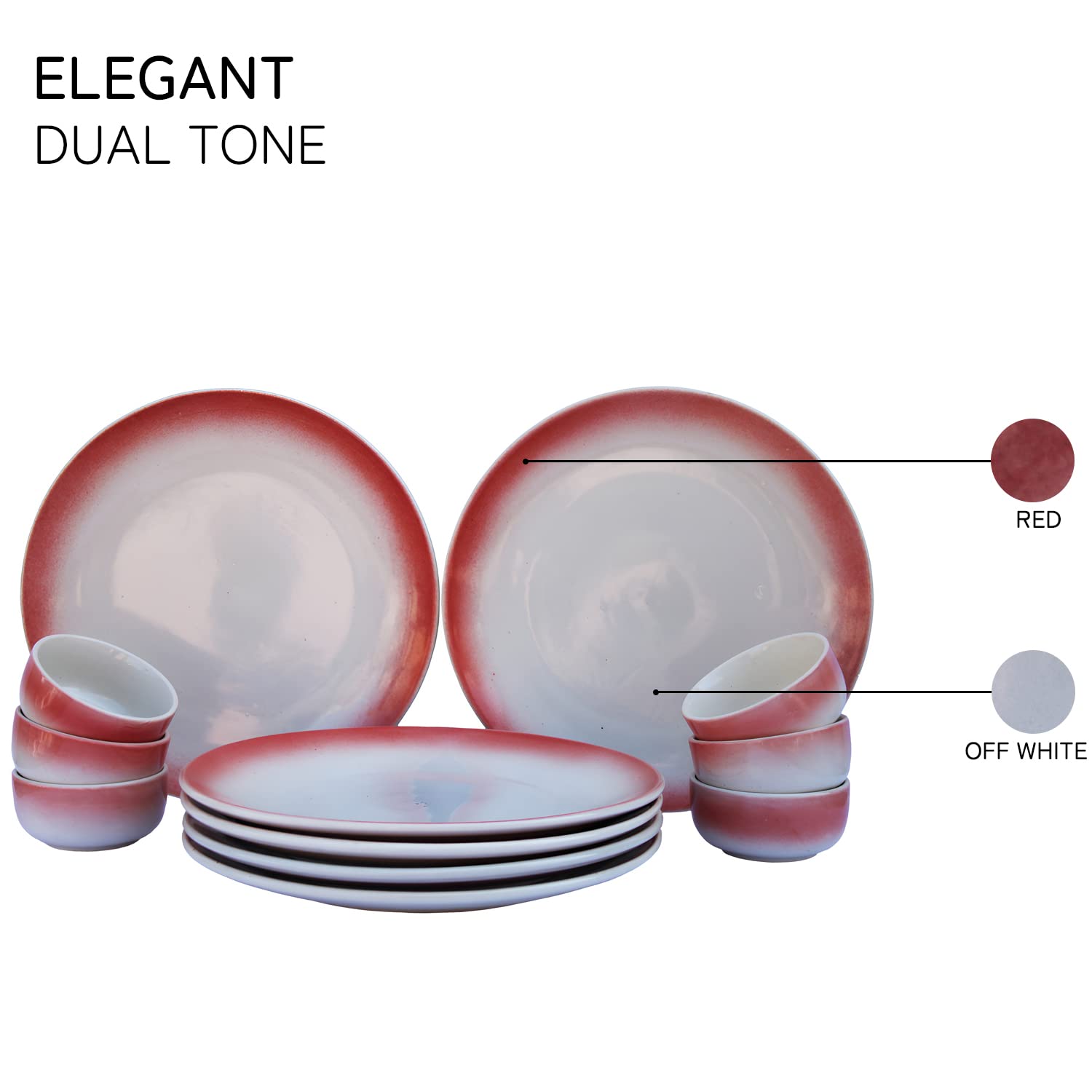 Hand Painted Ceramic Dinner Set Of 12 Pieces Dinnerware Set - Off White & Red | Set Of 6 Dinner Plates + 6 Dinner Katori, 180ml Each - Microwave & Dishwasher Safe