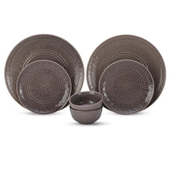 Handcrafted Stoneware Embossed Ceramic Dinner Set Of 6 Pcs - Ash Grey | 2 Dinner Plates+ 2 Small Plates+ 2 Small Bowls, 180ml Each - Microwave & Dishwasher Safe | Serving For 2