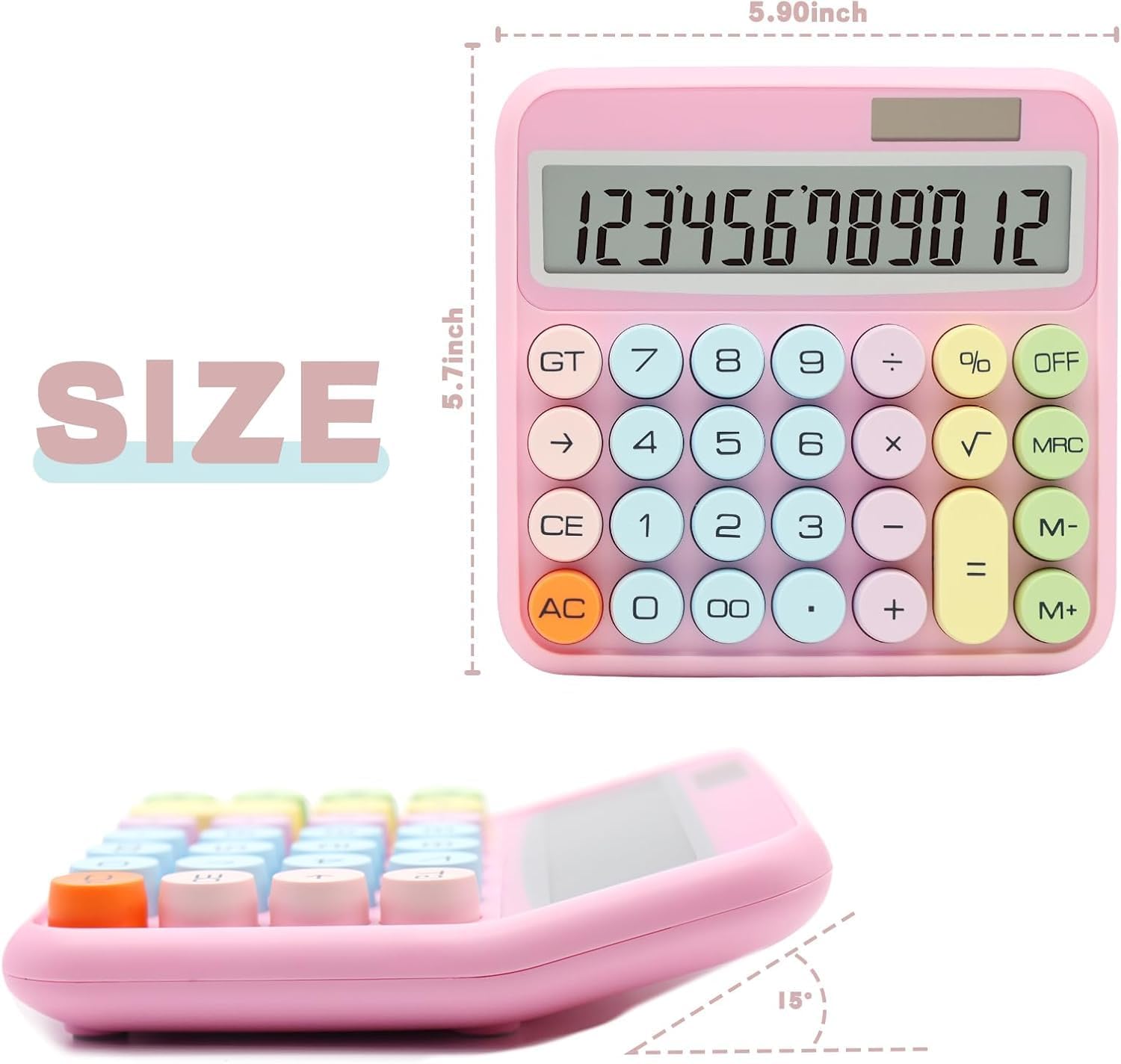 Arsenio New Colorful Mechanical Cute 12 Digit Large LCD Display Big Round Button Calculator Easy To Press With Battery & Solar For School Office Business Home (Multicolor) (Design-04)