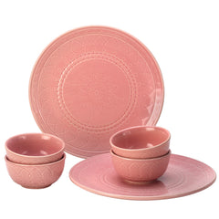 Handcrafted Stoneware Embossed Ceramic Dinner Set Of 6 Pcs - Light Pink | 2 Dinner Plates + 4 Small Dinner Bowls, 180ml Each - Microwave & Dishwasher Safe