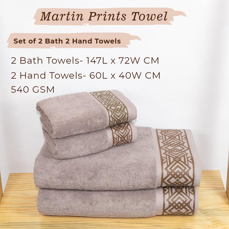 Rangoli 100% Cotton Fibre 2 Hand & 2 Bath Towel 1400 Gsm | Highly Durable & Absorbent Towel | Skin-Friendly & Quick Drying Luxury Towels (Brown) - Pack Of 4
