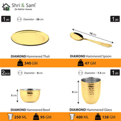 High Grade Stainless Steel Diamond Hammered Gold Thali Set With PVD Coating, 5 Pieces | 1 Thali+ 1 Glass+ 2 Katoris+ 1 Spoon - Dishwasher Friendly