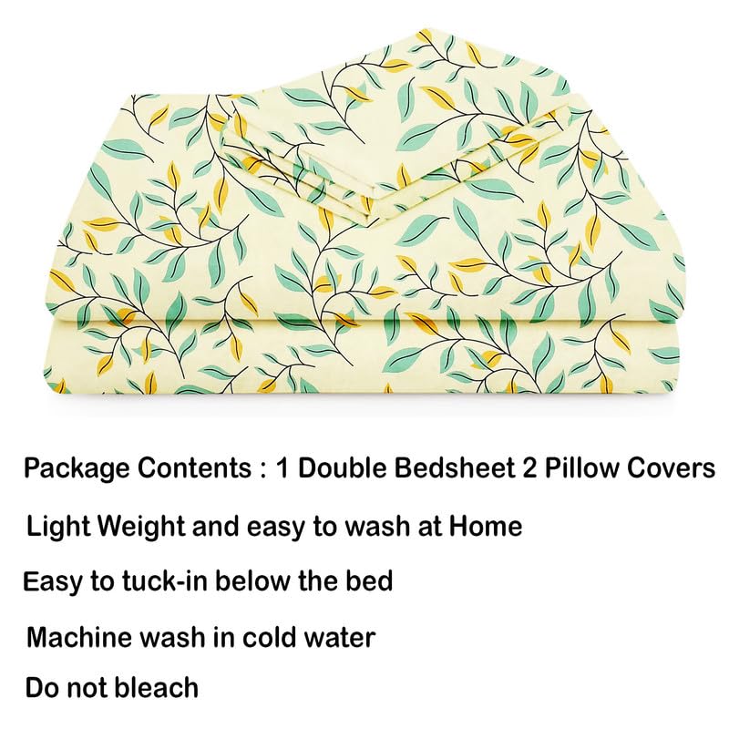 100% Cotton Double Bedsheets With 2 Matching Pillow Covers | 86 X 90 Inches, Beige & Green | Soft & Comfortable Bed Sheets - Ideal For Everyday Use