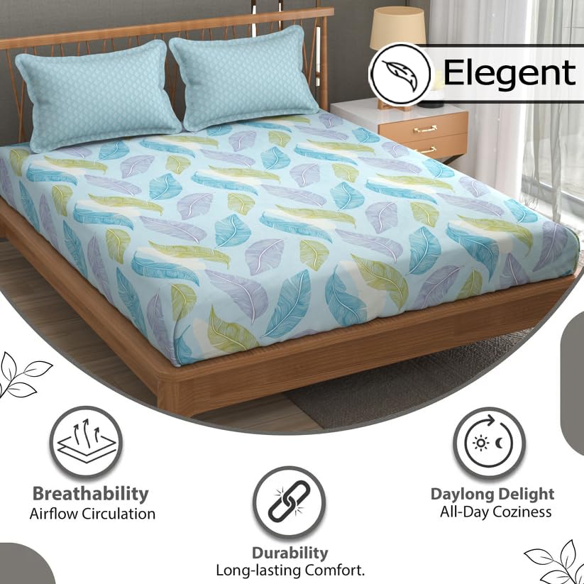 Printed King Size Bedsheet With 2 Pillow Cover - 108 X 108 Inches, Aqua | Double Bed Breathable & Wrinkle Free | All-Season Comfort Bedsheet