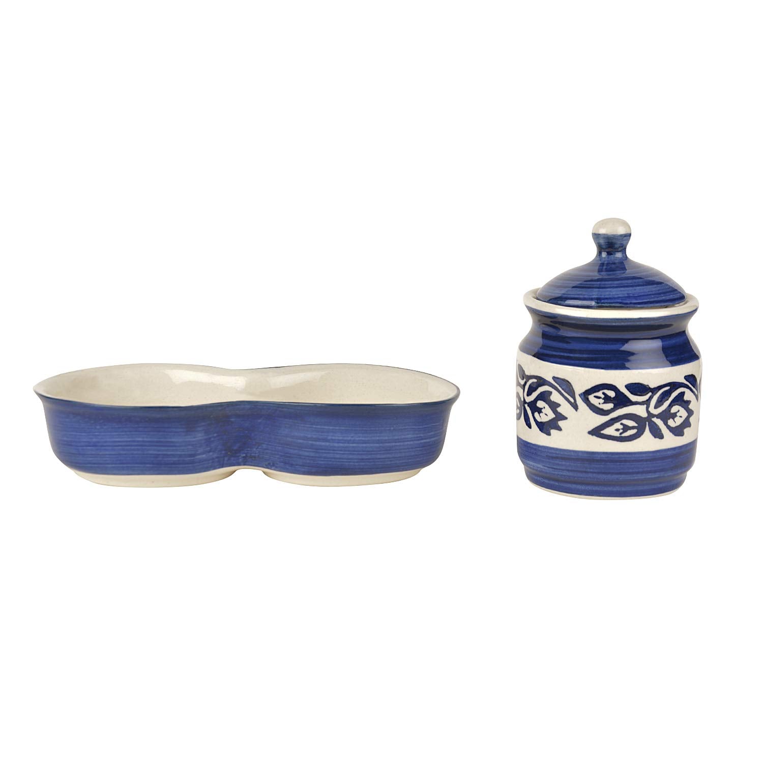 Ceramic Pickle Serving Jar Set With Tray Set Of 2 - 200ml Each, Blue & White | Condiment Set - Pickle Jar Set For Dining Table | Masala Container