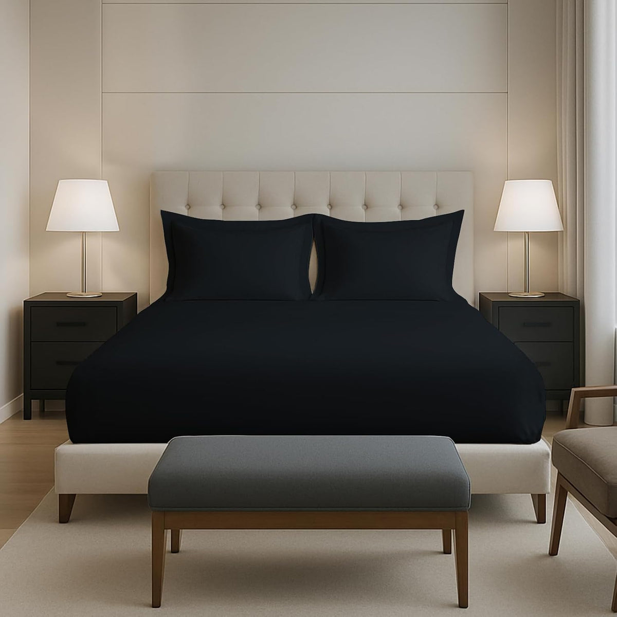Plain Cotton Elastic Fitted Bedsheets Queen Size Two Pillow Cover - 63 X 78 Inches, Black | Breathable & Smooth Bedding Wrinkles | Elegant Hotel Like Look