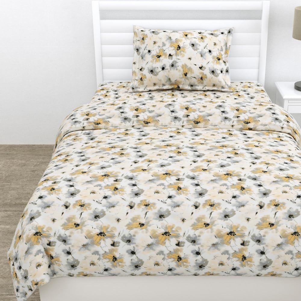 Small Single Bedsheet With 1 Pillow Cover - 57 X 88 Inches, Grey & Black | Bedding Set Lightweight, Breathable | Wrinkle-Resistant & Smooth Finish