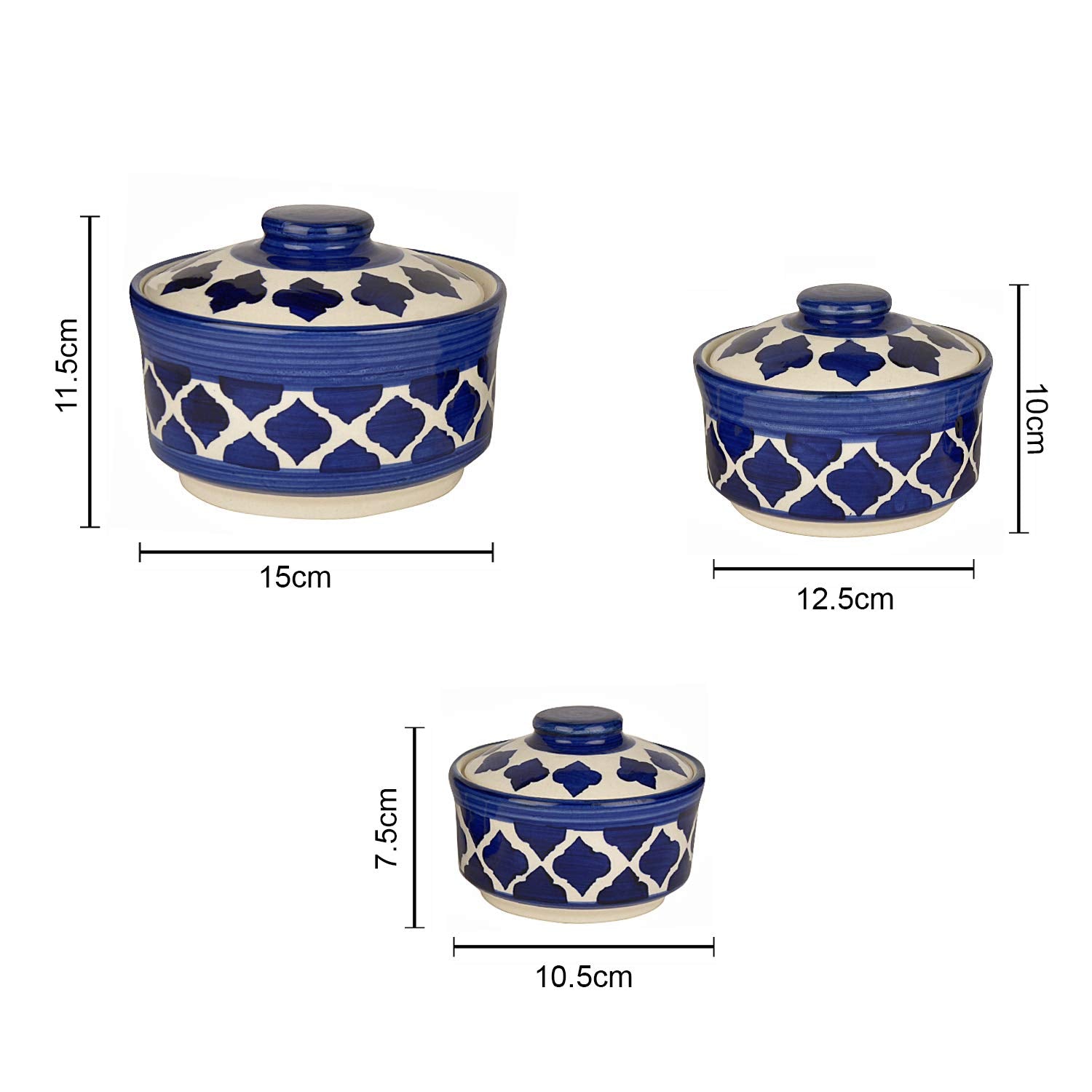 Studio Pottery Hand Painted Ceramic Serving Donga With Lid Casserole Set Of 3 - 900ml, 500ml & 300ml, Blue | Dinner Serving Set - Stackable Kitchen Bowl Set