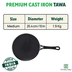 Pre-Seasoned Cast Iron Tawa For Dosa, Chapathi With Iron Tadka Pan | Nonstick, Pre-Seasoned Tava, 100% Pure & Toxin-Free - Pre-Seasoned Cast Iron Tawa + Free Flip, 25.4 Cm, 10 Inch