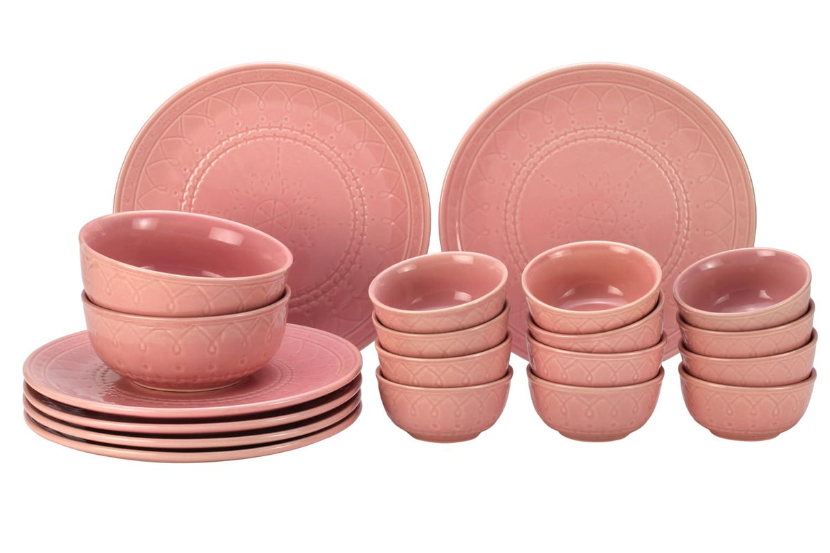 Handcrafted Stoneware Embossed Ceramic Dinner Set Of 20 Pcs With Serving Bowl Set - Light Pink | 6 Dinner Plates+ 12 Small Dinner Bowls, 180ml Each+ 2 Serving Bowl, 1000ml Each | Serving For 6