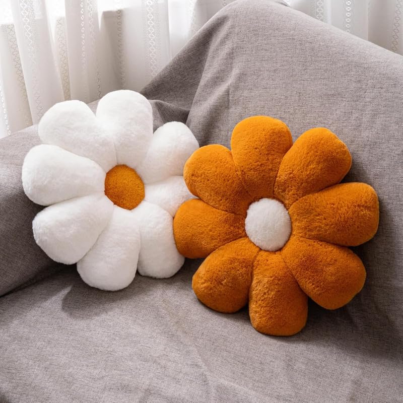 Flower Pillow, Floor Cushions, Sun Flower Shaped Throw Pillow, White & Brown - 40 Cm | Flower Pillow Brown & White Sunflower Plush Pillow | Cute Room Decorative Pillow For Sofa - Pack Of 2