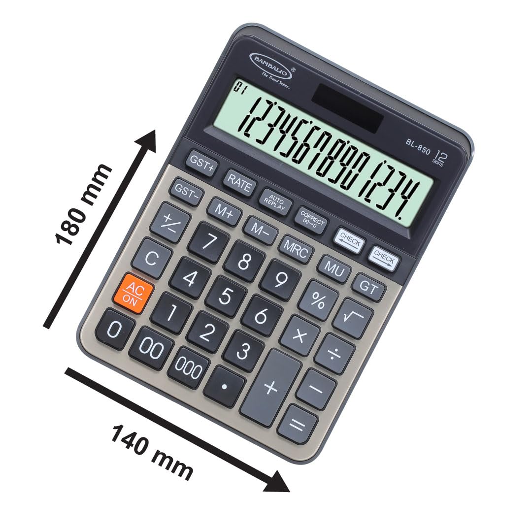 Bambalio BL-850 Large 12 Digits Display With Golden Metallic Panel | 3 Years Warranty Electronic Calculator With Tax Keys - 112 Steps Check And Correct