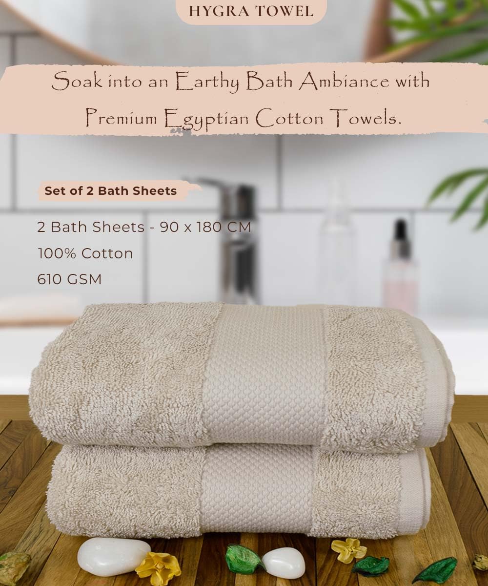 Rangoli Soft Absorbent Durable Towels Earthly Egyption Cotton Plush Oversized Large Size Bath Towel 1200 Gsm (Beige)- Pack Of 2