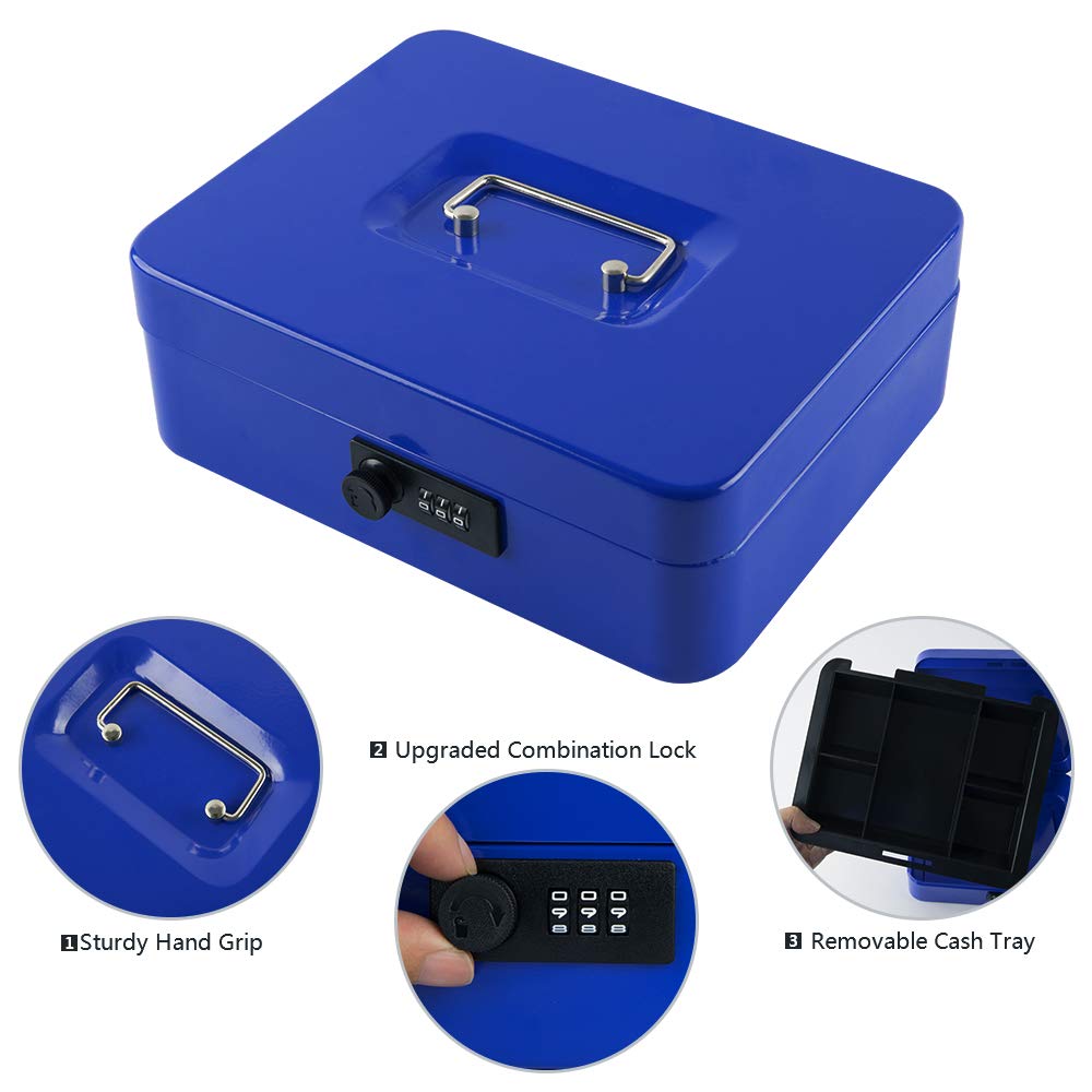 Large Cash Box With Combination Lock Safe Metal Money Box With Money Tray For Security Lock Box 9.84"X 7.87"X 3.54" Colour - Blue, Lock Type - Combination