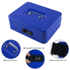 Large Cash Box With Combination Lock Safe Metal Money Box With Money Tray For Security Lock Box 9.84"X 7.87"X 3.54" Colour - Blue, Lock Type - Combination