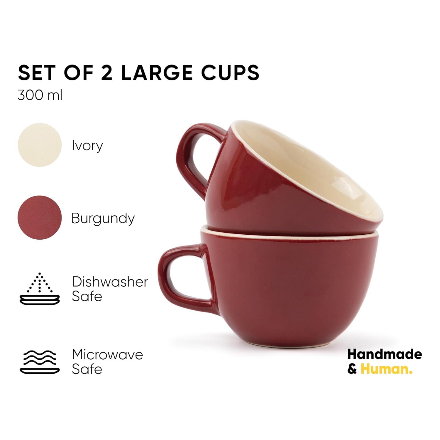 Large Ceramic Coffee Cup Set Of 2 - Burgundy, 300ml Each | Cappuccino Cup With Glossy Finish - Large Ceramic Coffee Cup | Premium Stoneware Coffee Cup - Microwave Safe