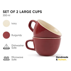 Large Ceramic Coffee Cup Set Of 2 - Burgundy, 300ml Each | Cappuccino Cup With Glossy Finish - Large Ceramic Coffee Cup | Premium Stoneware Coffee Cup - Microwave Safe