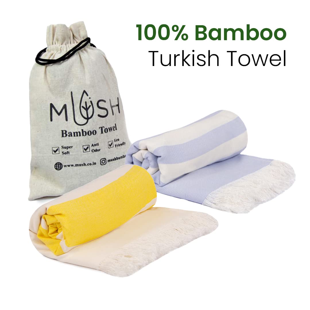 Mush 100% Bamboo Light Weight & Ultra-Compact Turkish Towel | Super Soft, Absorbent, Quick Dry, Anti-Odor Bamboo Towel (2, Ice Melt Blue & Yellow)