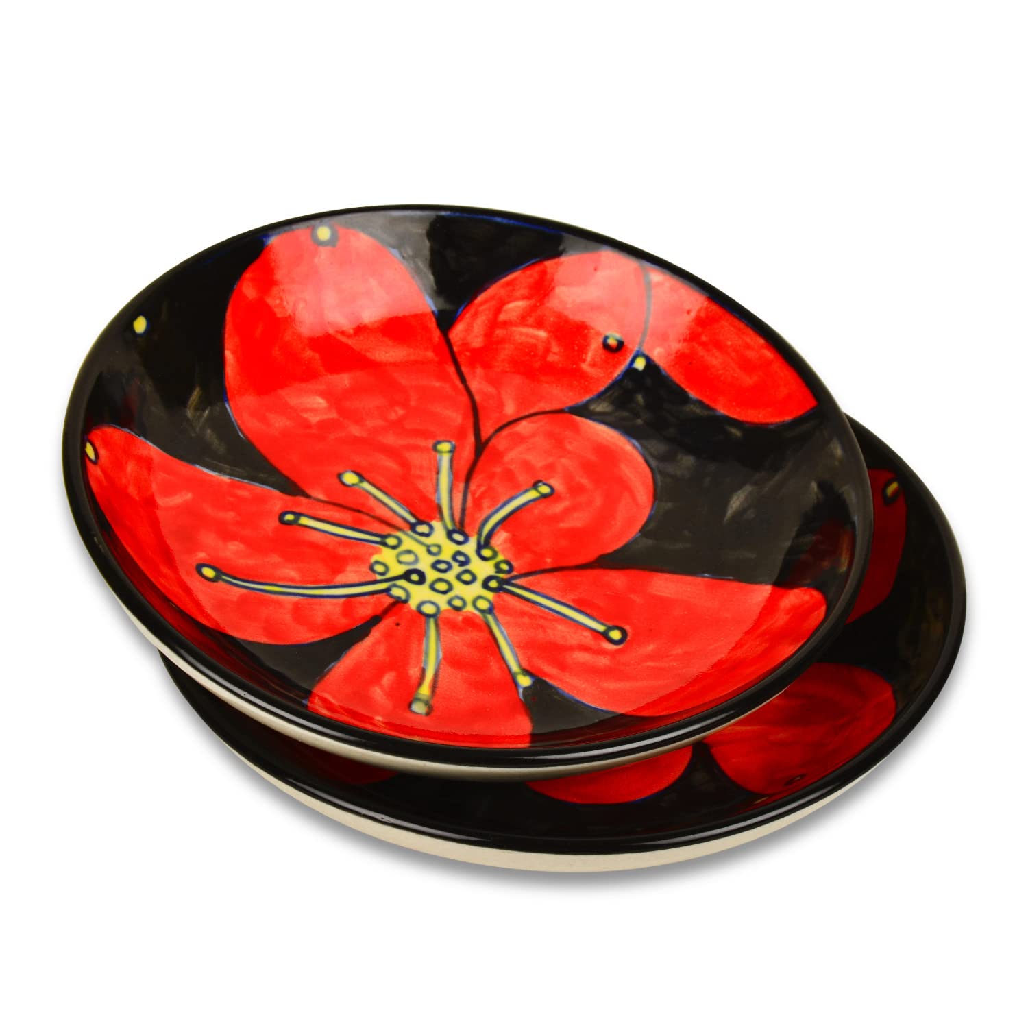 Hand Painted Ceramic Floral Round Pasta Serving Plates Set Of 2 - 8.5 Inches, Red & Black | Soup Plates - Ceramic Maggi Plates
