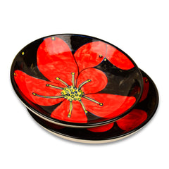 Hand Painted Ceramic Floral Round Pasta Serving Plates Set Of 2 - 8.5 Inches, Red & Black | Soup Plates - Ceramic Maggi Plates