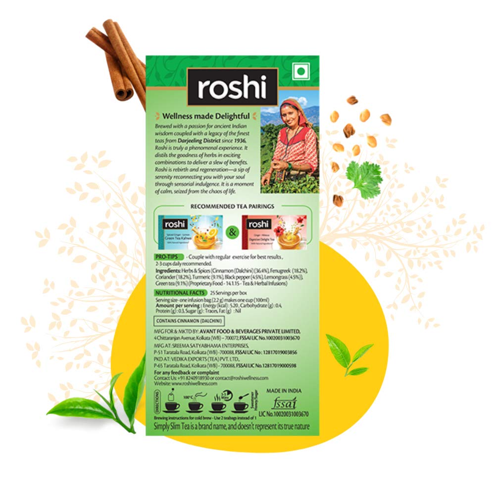 Roshi Moroccan Mint & Tulsi Detox Green Tea + Lemongrass Cinnamon Simply Slim Green Tea Combo - Pack Of 2 X 25 Tea Bags | 100% Natural Ingredients - Enhances Metabolism & Fitness