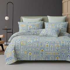 Cotton Double Bedsheets King Size With 2 Pillow Covers | Size 78 X 72+10 Inches, Blue & White-All Around Elastic Fitted Design Bedsheet